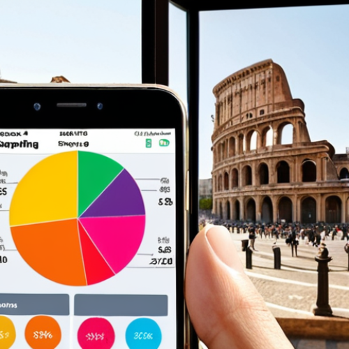 Home 11 **Prompt:** A person using a smartphone app with colorful charts and graphs showing their budget and spending habits. The app provides personalized savings tips, emphasizing ease of use and a friendly interface. In the background, subtle Italian landmarks suggest a local context.