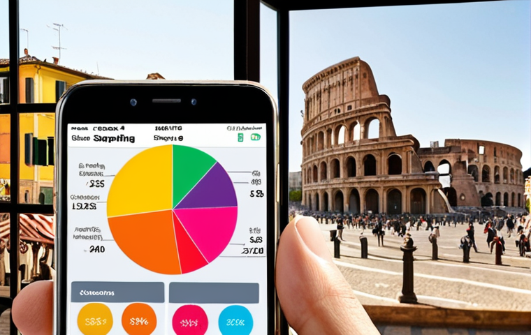 **Prompt:** A person using a smartphone app with colorful charts and graphs showing their budget and spending habits. The app provides personalized savings tips, emphasizing ease of use and a friendly interface. In the background, subtle Italian landmarks suggest a local context.