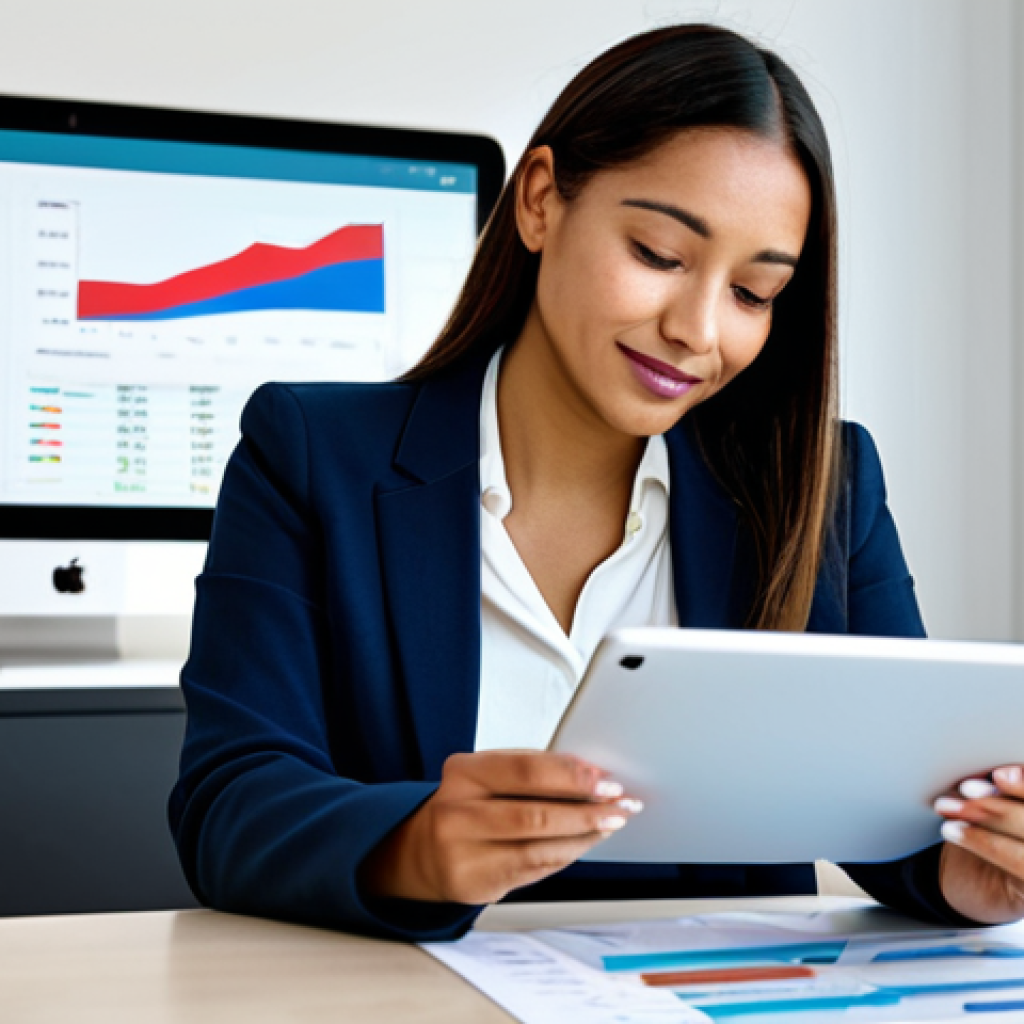 A diverse professional woman, fully clothed in a modest business blazer, is seated at a sleek modern desk, looking confidently at a tablet displaying a clear, intuitive financial dashboard with charts and aggregated account data. The background is a bright, minimalist office space with soft ambient lighting, suggesting clarity and control. She has well-formed hands and perfect anatomy in a natural pose. The image should convey a sense of financial empowerment and ease. safe for work, appropriate content, fully clothed, professional photography, high quality.