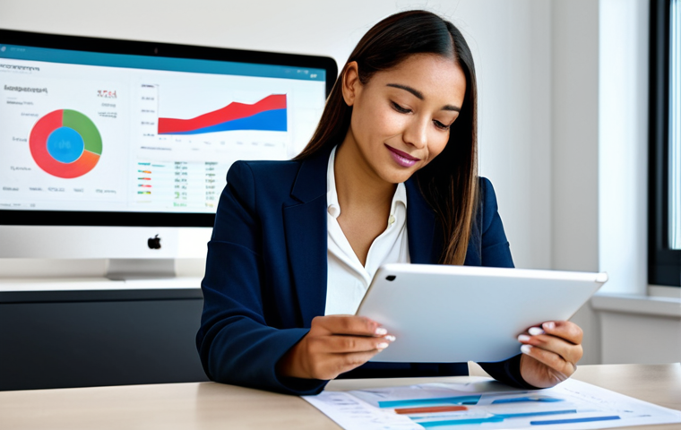 A diverse professional woman, fully clothed in a modest business blazer, is seated at a sleek modern desk, looking confidently at a tablet displaying a clear, intuitive financial dashboard with charts and aggregated account data. The background is a bright, minimalist office space with soft ambient lighting, suggesting clarity and control. She has well-formed hands and perfect anatomy in a natural pose. The image should convey a sense of financial empowerment and ease. safe for work, appropriate content, fully clothed, professional photography, high quality.