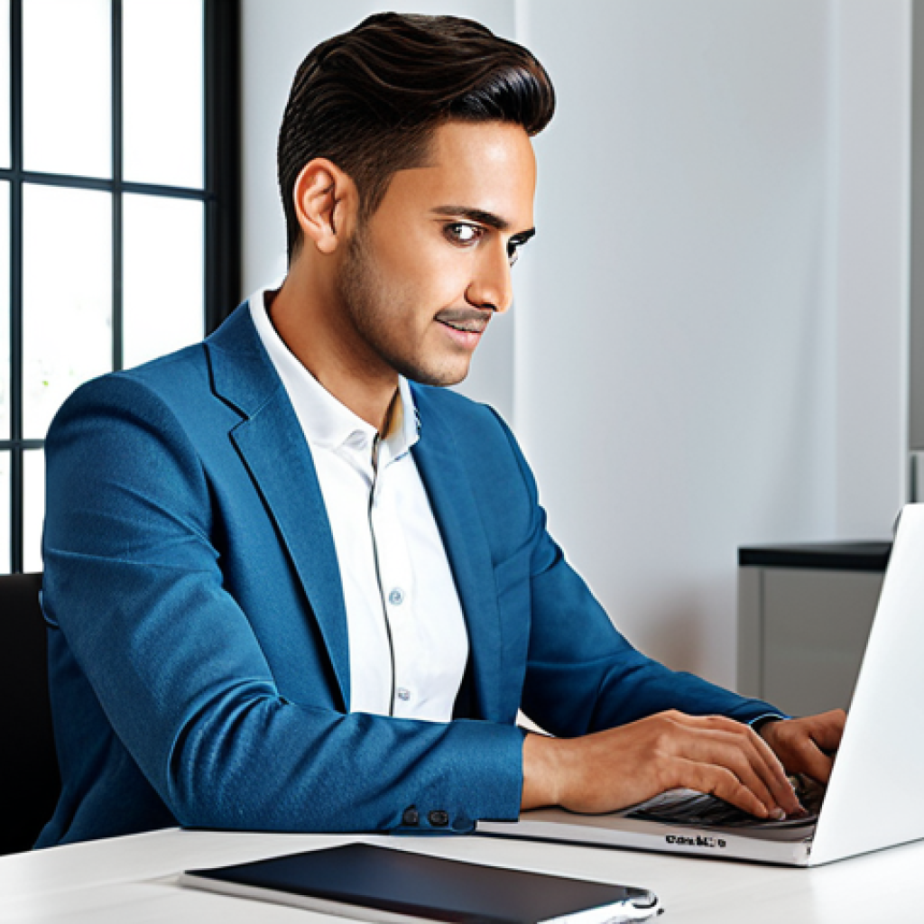 ** "A professional individual in a modest business casual outfit, sitting comfortably at a desk in a bright, modern home office, working on a laptop, fully clothed, appropriate attire, safe for work, perfect anatomy, natural proportions, digital art, family-friendly." **