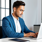 ** "A professional individual in a modest business casual outfit, sitting comfortably at a desk in a bright, modern home office, working on a laptop, fully clothed, appropriate attire, safe for work, perfect anatomy, natural proportions, digital art, family-friendly." **
