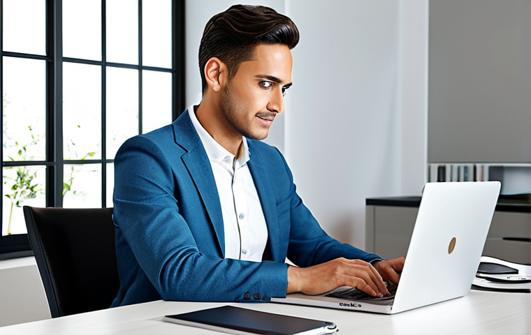 ** "A professional individual in a modest business casual outfit, sitting comfortably at a desk in a bright, modern home office, working on a laptop, fully clothed, appropriate attire, safe for work, perfect anatomy, natural proportions, digital art, family-friendly." **