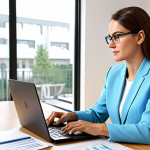 ** "A professional woman in a modest business outfit, working on a budget on her laptop, surrounded by financial documents, in a bright, modern home office, fully clothed, appropriate attire, safe for work, perfect anatomy, natural proportions, high-quality rendering, family-friendly." **