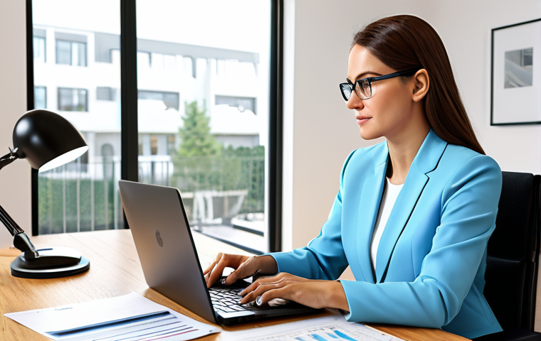 ** "A professional woman in a modest business outfit, working on a budget on her laptop, surrounded by financial documents, in a bright, modern home office, fully clothed, appropriate attire, safe for work, perfect anatomy, natural proportions, high-quality rendering, family-friendly." **