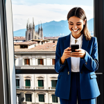 Modern Finance Automation** "A young Italian woman, fully clothed in a professional yet stylish outfit appropriate for a modern office, smiling and using a mobile banking app on her smartphone in a brightly lit, contemporary Milan apartment with a view of the Duomo in the background. Safe for work, appropriate content, fully clothed, professional, perfect anatomy, correct proportions, natural pose, well-formed hands, proper finger count, natural body proportions, high quality, financial literacy, responsible spending." **
