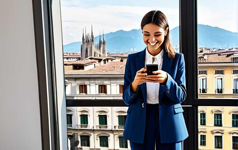 Modern Finance Automation** "A young Italian woman, fully clothed in a professional yet stylish outfit appropriate for a modern office, smiling and using a mobile banking app on her smartphone in a brightly lit, contemporary Milan apartment with a view of the Duomo in the background. Safe for work, appropriate content, fully clothed, professional, perfect anatomy, correct proportions, natural pose, well-formed hands, proper finger count, natural body proportions, high quality, financial literacy, responsible spending." **
