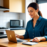 Choosing Budgeting Apps** "A woman in her 30s, wearing a stylish but modest blouse and jeans, sitting at a kitchen table with a laptop, comparing different budgeting apps on the screen. Warm, inviting kitchen setting with modern appliances. The scene should convey a sense of calm and control over finances. safe for work, appropriate content, fully clothed, professional, perfect anatomy, well-formed hands, natural pose, modern Italian kitchen, bright lighting." **