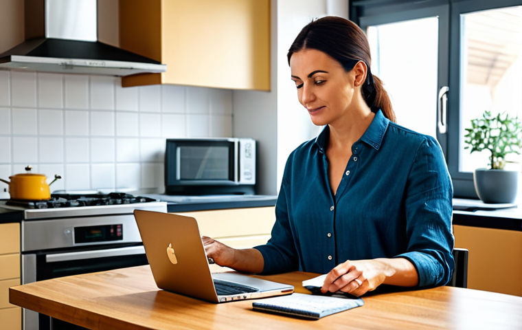Choosing Budgeting Apps** "A woman in her 30s, wearing a stylish but modest blouse and jeans, sitting at a kitchen table with a laptop, comparing different budgeting apps on the screen. Warm, inviting kitchen setting with modern appliances. The scene should convey a sense of calm and control over finances. safe for work, appropriate content, fully clothed, professional, perfect anatomy, well-formed hands, natural pose, modern Italian kitchen, bright lighting." **