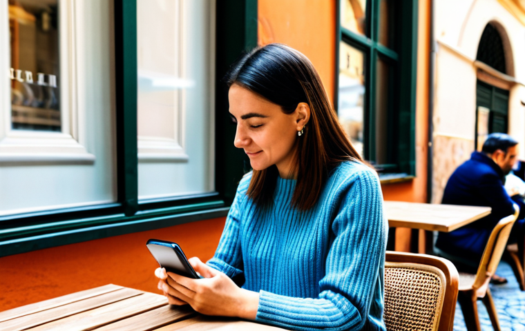 금융습관 자동화에서의 데이터 활용 방안 - **Image:** A woman using a budgeting app on her smartphone at a café in Rome. **Prompt:** "A pr...